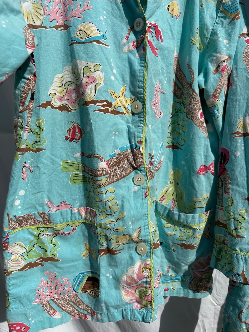 Vintage 2000s Nick & Nora Underwater Scuba Sock Monkey Cotton Pajama Set - Picture 2 of 6